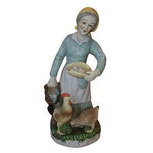 Vintage Porcelain Farm Woman Figurine Chickens Eggs 12" Pastoral French‎ Country